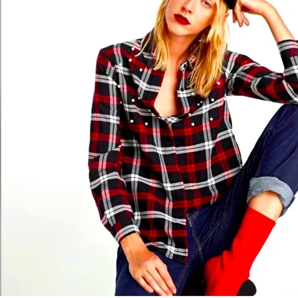 ZARA Basic Collection Black and Red White Faux Pearls Plaid Button Down Shirt ❤️ - Picture 1 of 11